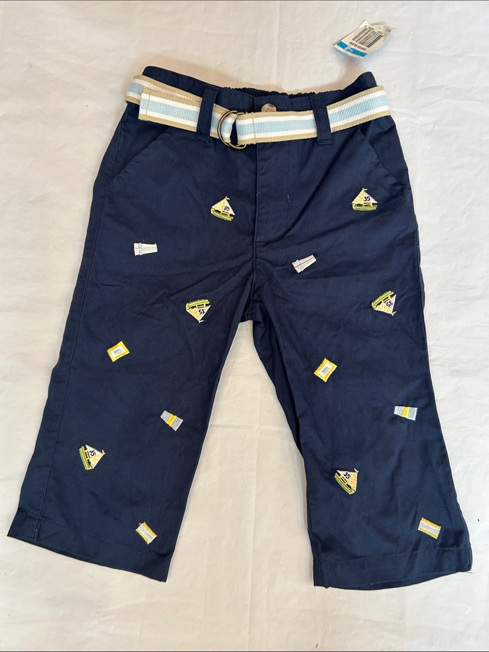 Boys Navy Embroidered Sailboat Casual Pants with Striped Belt